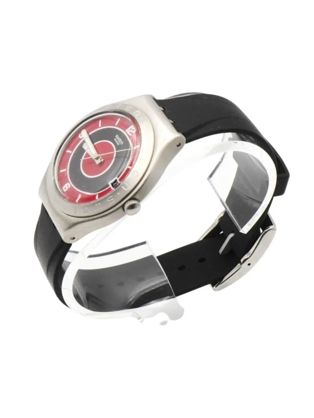 Rare Vintage Swatch Irony Big Jammed YGS441 Red Black Dial Rubber Strap Watch